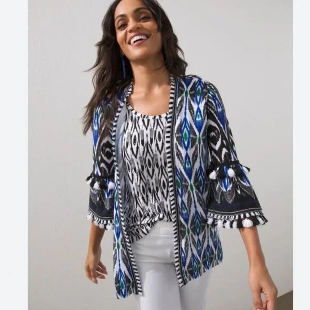 NWT Chicos 1 Womens M Ikat Fringe Tassel Bell Sleeve Cardigan Boho Festival $129